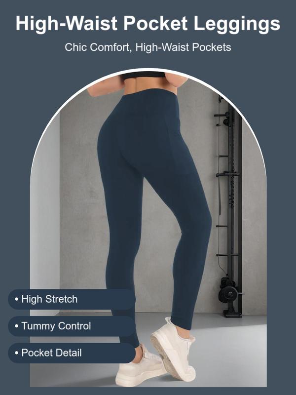 Women's Solid High Waist Pocket Leggings, Leggings for Women, Casual Comfy High Stretch Skinny Pants for Daily Wear, Ladies Bottoms for All Seasons