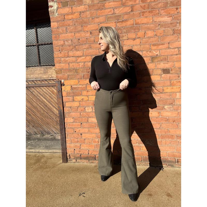 Fiona High Waisted Bell Bottom Flare Jeans - Olive