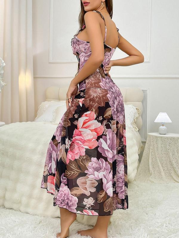 Women's Floral Print Ruffle Trim Tie Front Tulle Nightdress, Elegant Casual Sweetheart Neck Sleeveless Nightgown for Summer, Ladies Sleepwear for Daily Wear