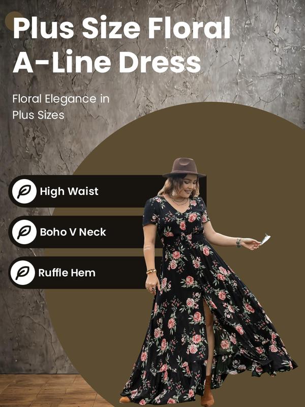  Floral Print Button Front Ruffle Hem Shirred Split A Line Vintage Dress, Summer Casual Wear Clothes Women, Boho V Neck Short Sleeve Dress, Sundress Maxi Dress, Homecoming Dresses, Women's Clothes Plus Size Fall Outfits 2024 Non Bodycon Dress