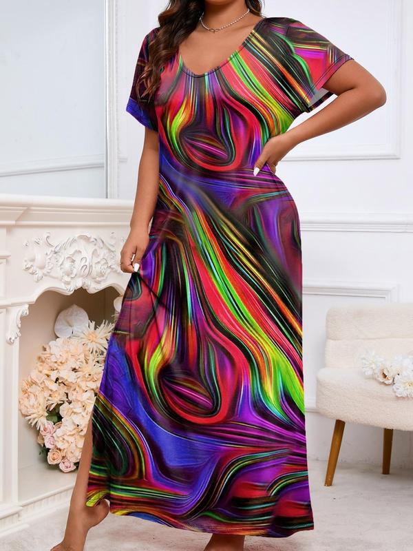  Colorful Print Drop Shoulder Lounge Dress, 2024 New Style Casual Scoop Neck Short Sleeve Nightgown, Women's Sleepwear for Spring & Fall