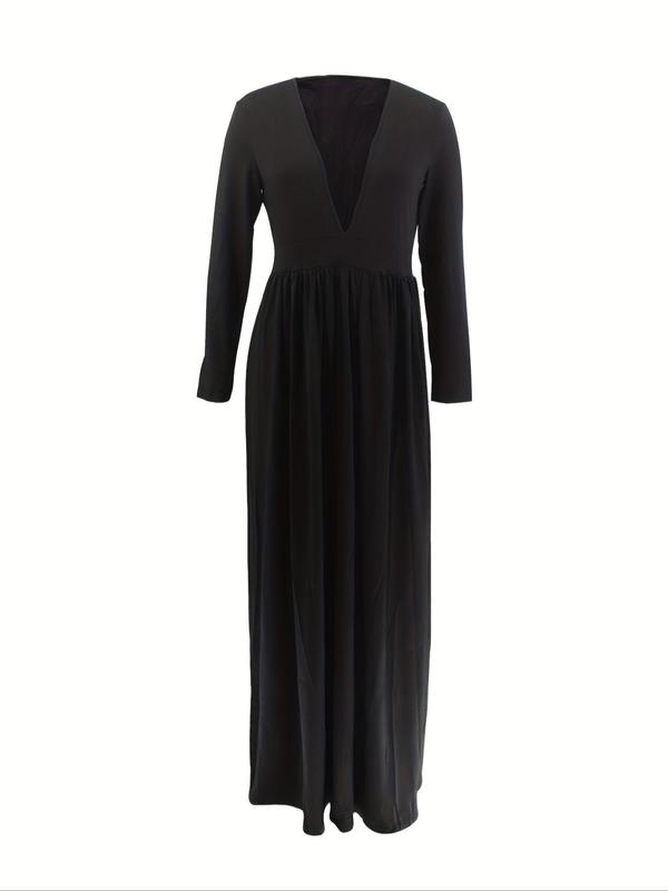 Women's Plain Deep V Neck Split Thigh Maxi Dress, Elegant Long Sleeve Maxi Dress for Party Evening Formal Occasions, Ladies' Clothes for Spring & Fall