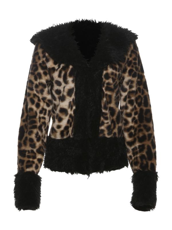 Women's Leopard Print Contrast Faux Fur Trim Button Front Jacket, Casual Long Sleeve Fuzzy Outerwear for Fall & Winter, Ladies Clothes for Daily Wear