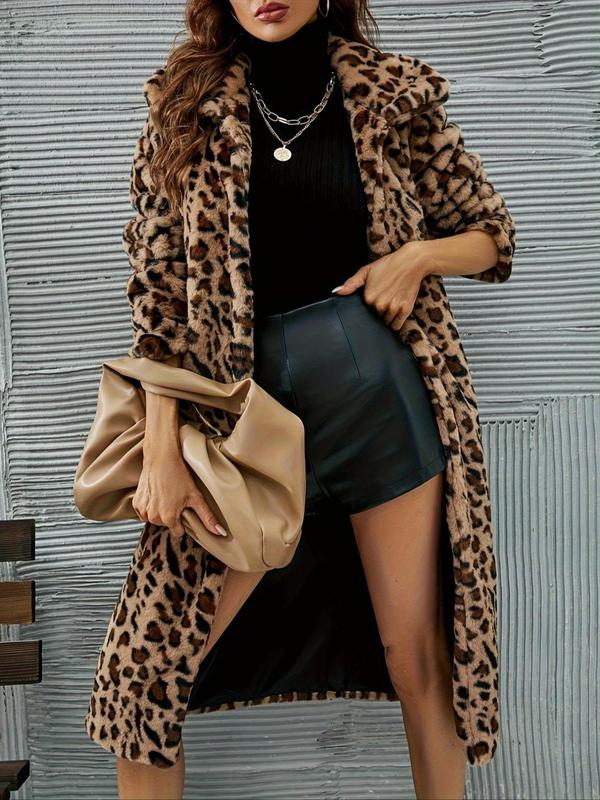 Women's Leopard Print Pocket Open Front Fuzzy Coat, Casual Long Sleeve Outerwear for Fall & Winter, Women's Clothing for Daily Wear