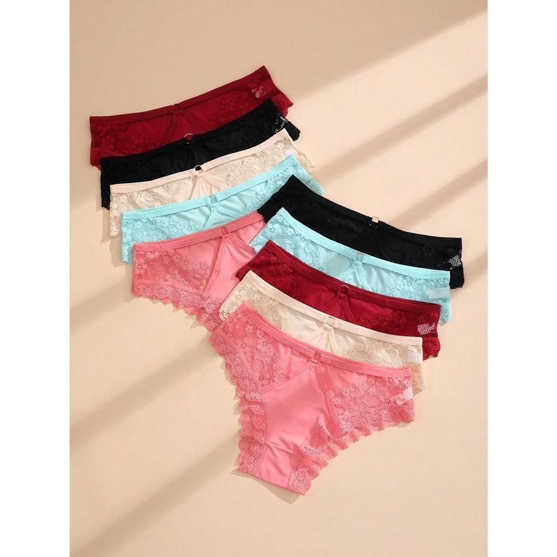 10 PCS Women's Ice Silk Bikini Panties Lace Hollow Out Briefs Comfortable And Breathable Lingerie Lightweight Panties