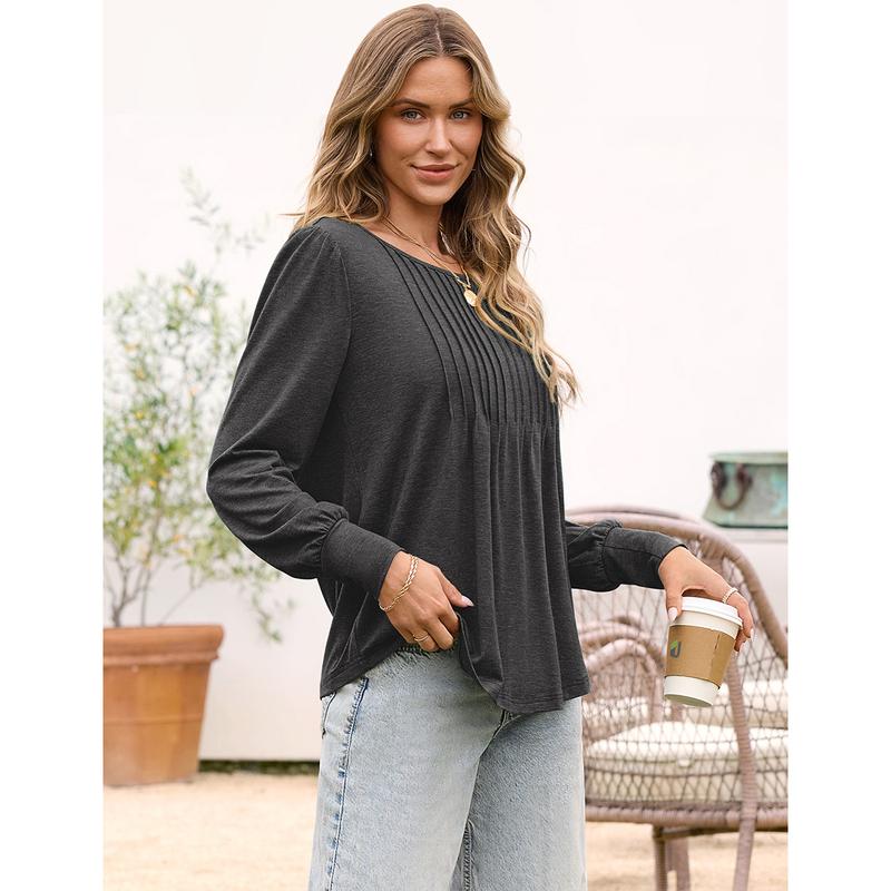 UEU Womens Long Sleeve Shirts Pleated Crew Neck Tunic Tops 2024 Dressy Casual Loose Blouses