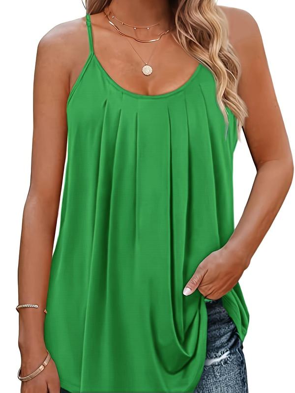  Plain Plicated Scoop Neck Cami Top, Casual Adjustable Spaghetti Strap Top for Summer, Back To School Outfits, Tank Tops for Women, Camisole, Women's Clothing for Daily Wear