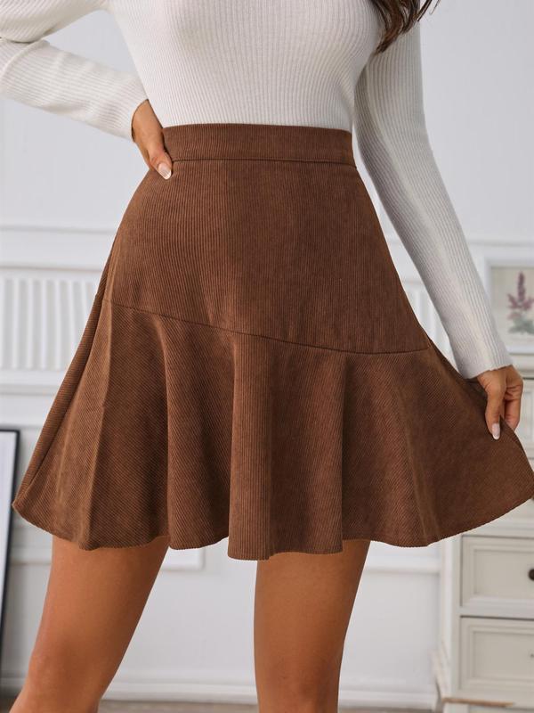 Women's Solid High Waist A Line Skirt, Casual Fashion Zipper Ruffle Hem Skirt for Daily Outdoor Wear, Women's Bottoms for Spring & Fall