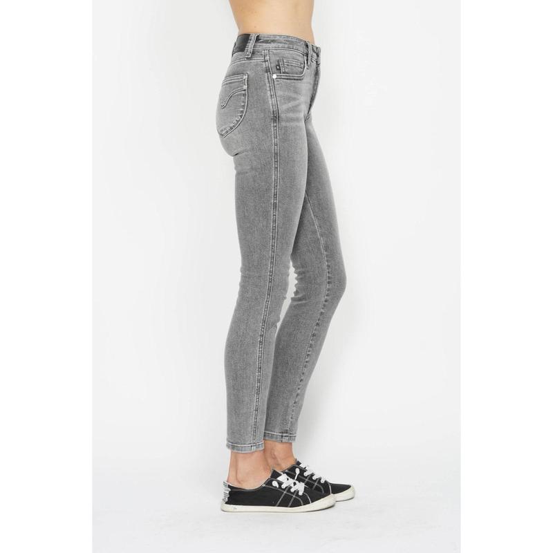 JUDY BLUE MID RISE TUMMY CONTROL SHIELD POCKETS GREY SKINNY JEANS