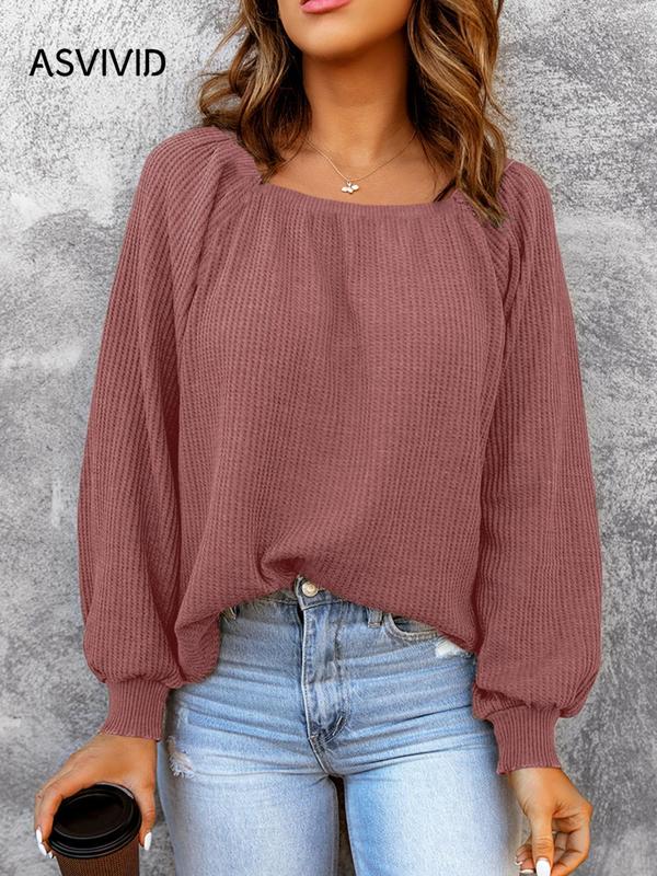 Women's Plain Square Neck Bishop Sleeve Knit Top, Casual Long Sleeve Waffle Knitwear Top for Spring & Fall, Fashion Women's Knit Clothing for Daily Wear