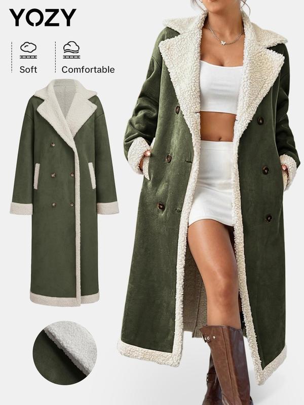 YOZY Christmas Deals, Women's Solid Color Double Button Pocket Drop Shoulder Wool Coat, Casual Long Sleeve Lapel Neckline Longline Coat, Christmas 2024 Trend, Fall & Winter Clothes