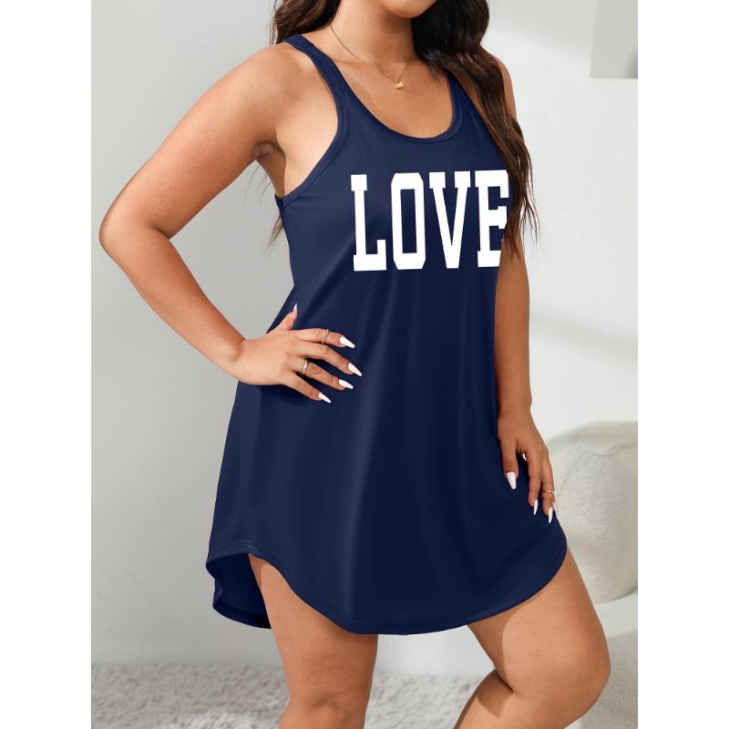 Plus Size Women's Cozy Lounge Dress - Soft Scoop Neck, Racer Back, Relaxed Fit, Letter Graphic Tank Sleep Dress for Casual Occasions