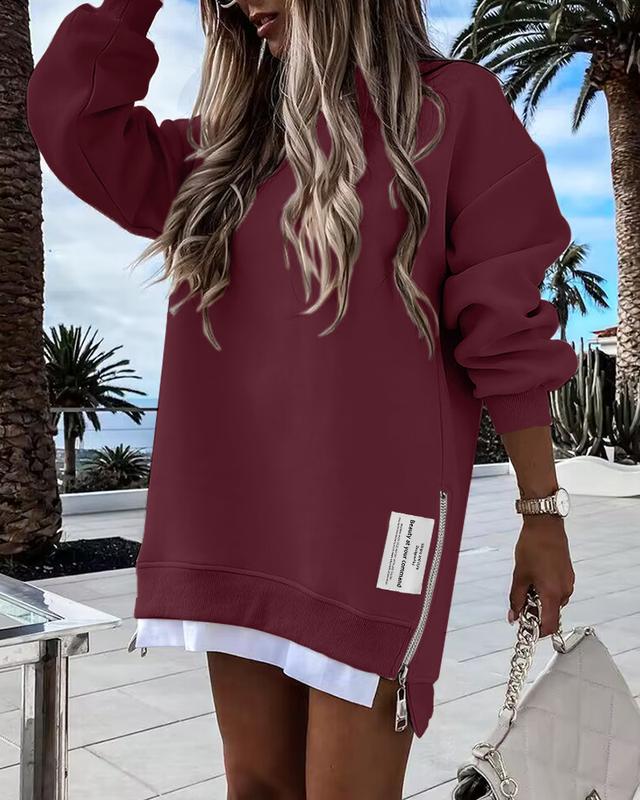 ChicMe Womens Long Sleeve Pullover Sweatshirt Zipper Slit Casual Dress