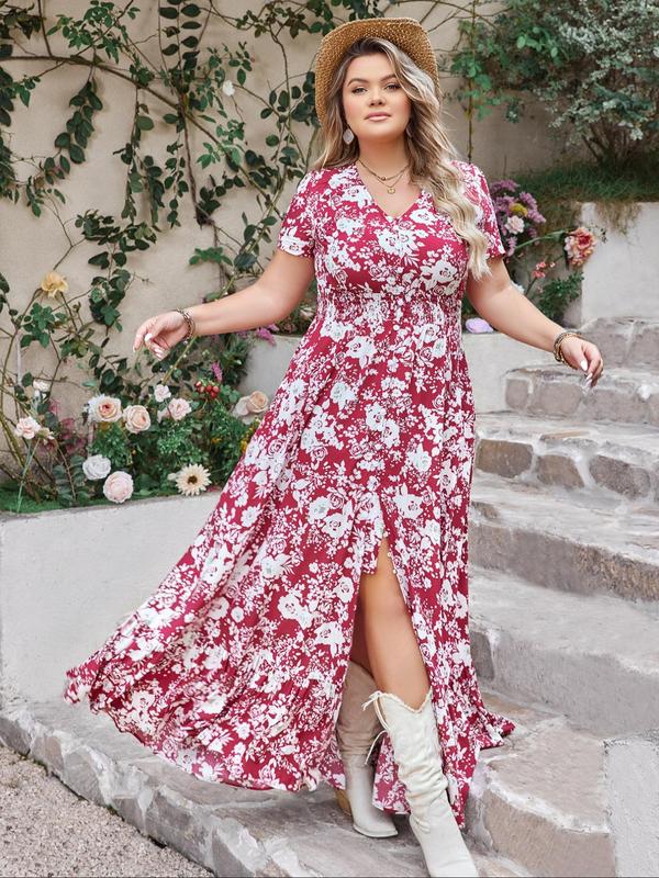  Floral Print Button Front Ruffle Hem Shirred Split A Line Vintage Dress, Summer Casual Wear Clothes Women, Boho V Neck Short Sleeve Dress, Sundress Maxi Dress, Homecoming Dresses, Women's Clothes Plus Size Fall Outfits 2024 Non Bodycon Dress