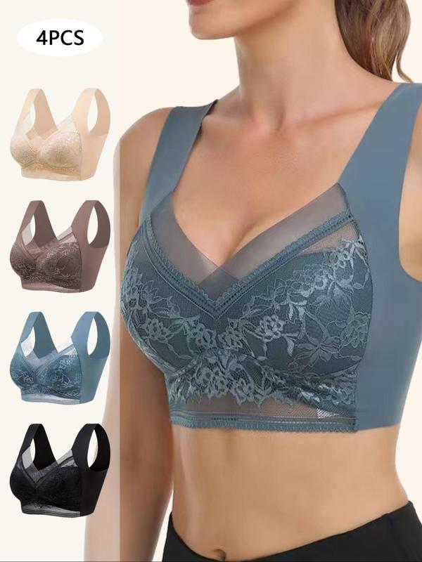 Women's Contrast Floral Lace Wireless Bra, Contrast Mesh Push Up Bra, Soft Comfortable Breathable Lingerie for All Seasons, Women's Clothing