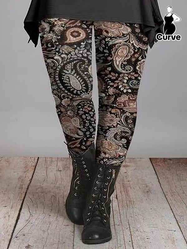 Plus Size All Over Floral & Paisley Print Leggings, Casual Comfy Elastic Waist Skinny Pants for Daily Wear, Women's Bottoms for Fall & Winter