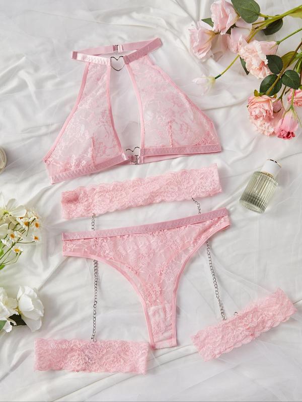 Plus Size Floral Lace Ring Linked Sexy Lingerie Set,  Halter Bra & Sheer Thong & Chain Decor Garter Belt Three-piece Set, Women's Sexy Lingerie Set for All Seasons