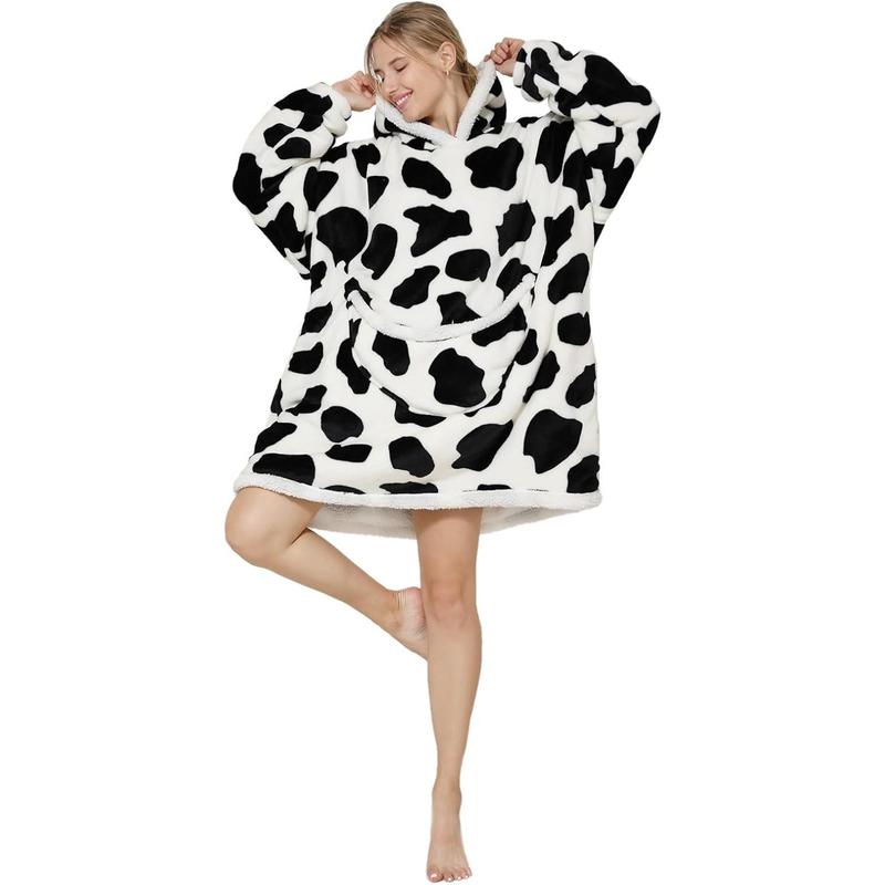 Wearable Blanket Hoodie Oversized Hooded Blanket for Adult Women Super Soft Comfortable Warm Flannel Cow