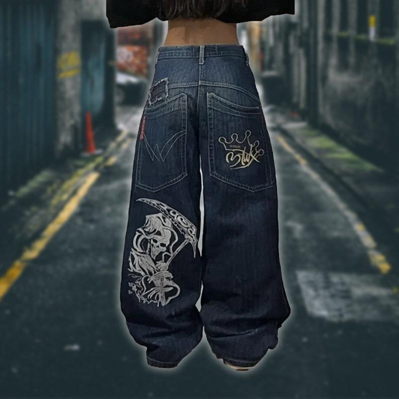 Y2K Hip Hop Street Oversized Jeans, Grunge Death Print Baggy Jeans, Skull Embroidered Jeans, Y2K Jeans, Plus Size jeans Womenswear Bottom