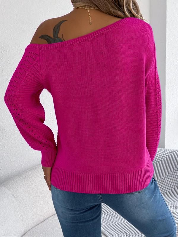 Women's Plain Cut Out Asymmetrical Neck Sweater, Casual Long Sleeve Hollow Out Jumper for Fall & Winter, Fashion Ladies' Knitwear for Daily Wear