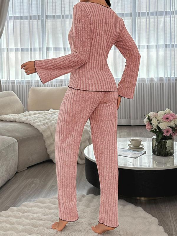 Women's Contrast Binding ribbed Pajama Two-Piece Set, Long Sleeve Bow Decor Top &  Pants Pyjama Set, Casual Comfortable Loungewear Set for Women