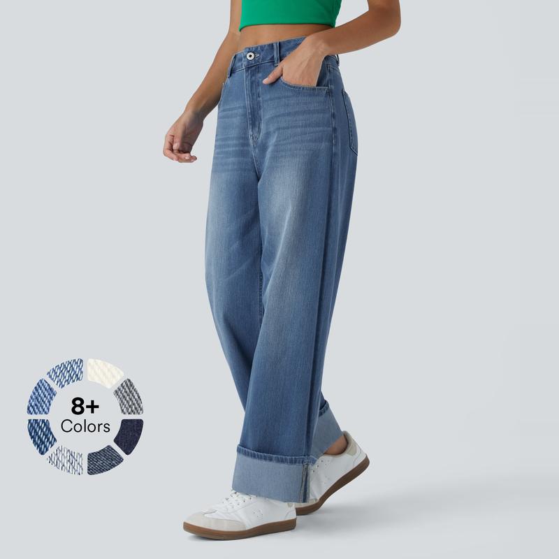 Halara Flex High Waisted Multiple Pockets Rolled Hem Wide Leg Washed Stretchy Knit Casual Jeans