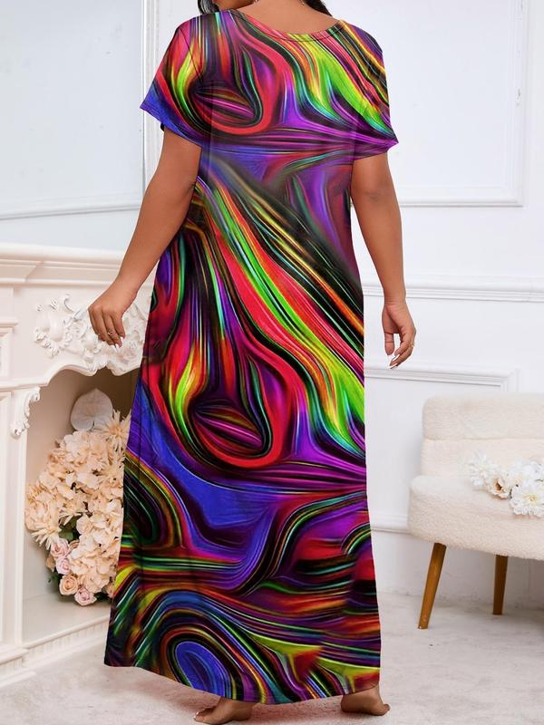  Colorful Print Drop Shoulder Lounge Dress, 2024 New Style Casual Scoop Neck Short Sleeve Nightgown, Women's Sleepwear for Spring & Fall