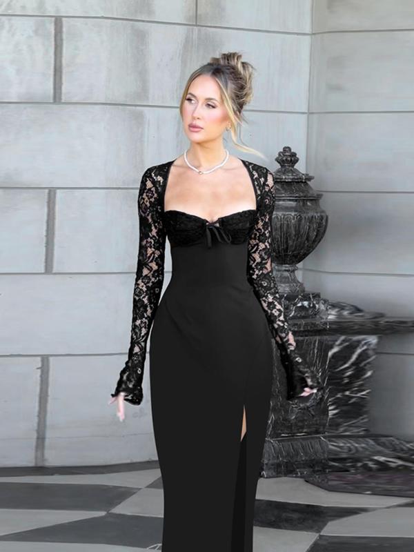 Women's Contrast Lace Backless Split Thigh Evening Dress, Elegant Sweetheart Neck Flounce Sleeve Tie Back Evening Party Gown, Ladies Spring & Fall Clothes