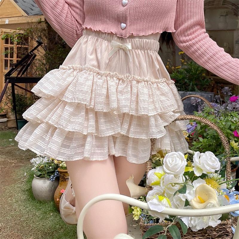 Women's Lolita Kawaii Mini Skirts Elastic Waist Tiered Ruffle Mini Skirts Skort Japanese Korean Cute Sweet Skirt