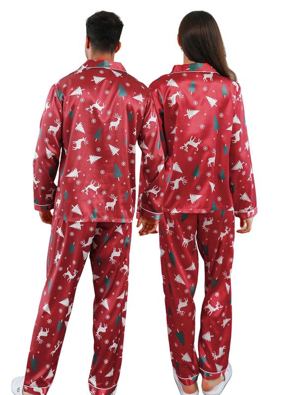 Couple's Christmas Themed Print Button Front Pocket Pajama Two-piece Set, Casual Comfy Long Sleeve Lapel Neckline Shirt & Elastic Waist Pants PJ Set, Couple's Sleepwear for Spring & Fall