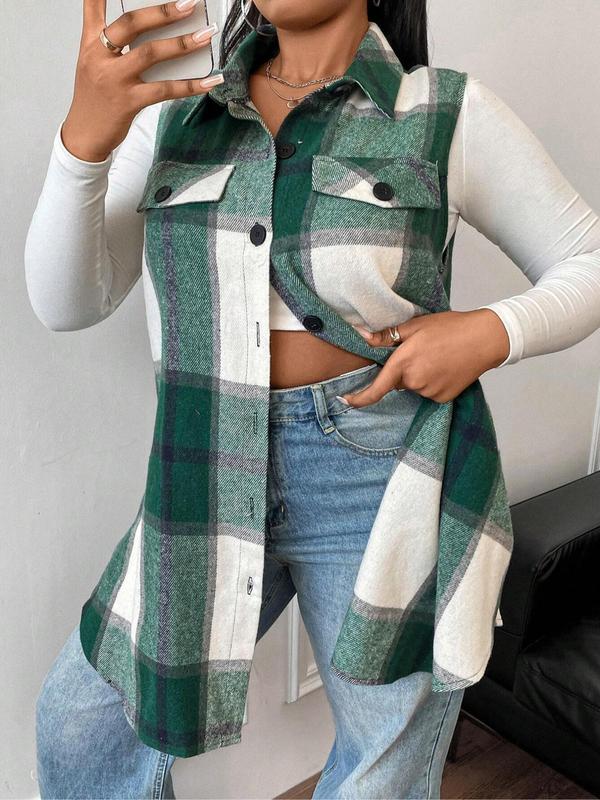  Plaid Print Button Front Vest Coat, Casual Sleeveless Collared Outerwear for Fall & Winter, Women's Clothes for Daily Wear