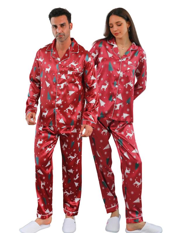 Couple's Christmas Themed Print Button Front Pocket Pajama Two-piece Set, Casual Comfy Long Sleeve Lapel Neckline Shirt & Elastic Waist Pants PJ Set, Couple's Sleepwear for Spring & Fall