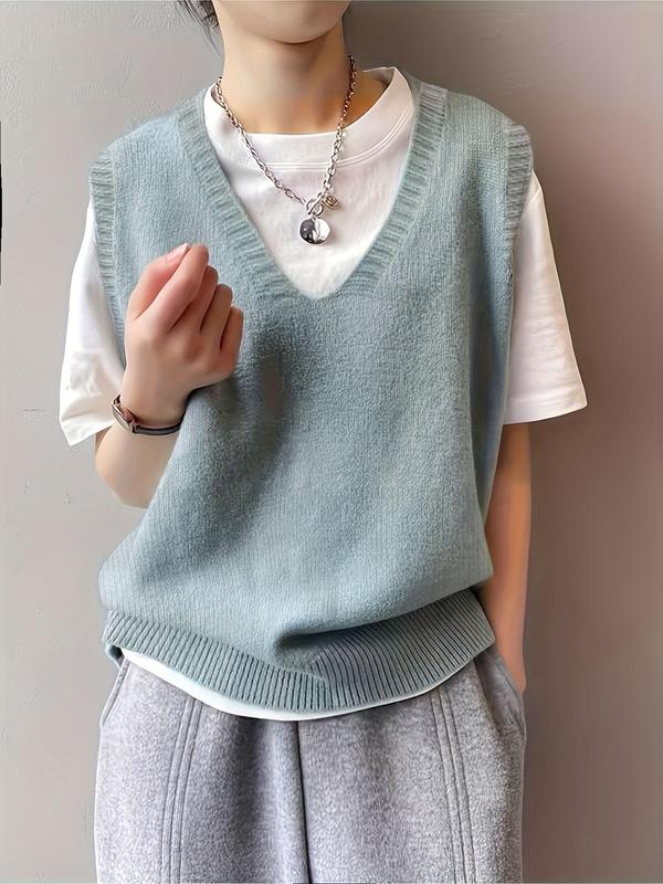 Women's Plain V Neck Sweater Vest, Casual Sleeveless Jumper Vest for Daily Wear, Ladies Clothes for All Seasons