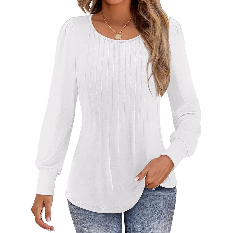 UEU Womens Long Sleeve Shirts Pleated Crew Neck Tunic Tops 2024 Dressy Casual Loose Blouses