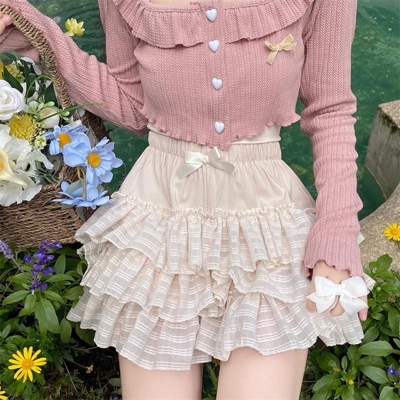 Women's Lolita Kawaii Mini Skirts Elastic Waist Tiered Ruffle Mini Skirts Skort Japanese Korean Cute Sweet Skirt