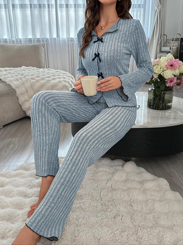 Women's Contrast Binding ribbed Pajama Two-Piece Set, Long Sleeve Bow Decor Top &  Pants Pyjama Set, Casual Comfortable Loungewear Set for Women