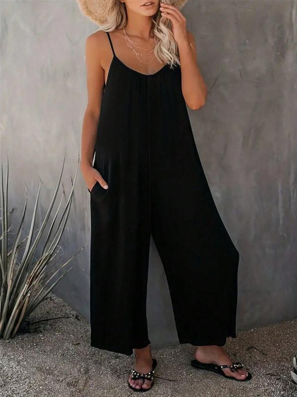  Solid Ruched Pocket Wide Leg Jumpsuit, Casual Sleeveless Spaghetti Strap Jumpsuit for Fall & Winter, Jumpsuit for Women, Women's Plus Size Clothes for Daily Wear