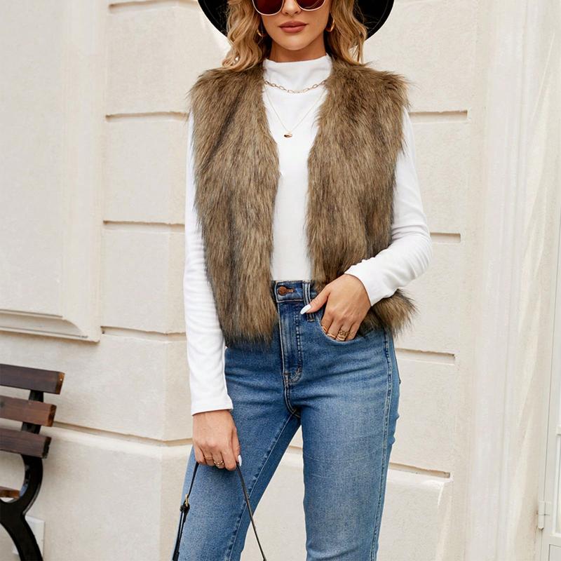 Women Faux Fur Vest, Sleeveless Open Front Solid Outwear Gilet For Casual Street