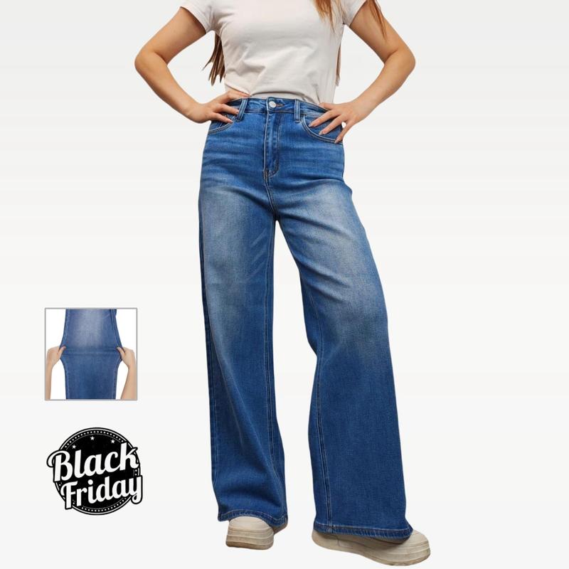 Women Wide Leg High-waisted Stretchy Jeans Buckle Baggy Pants Medium Blue M042701 Underwear Streetwear Lady Trouser Comfortable Denim Minimalist