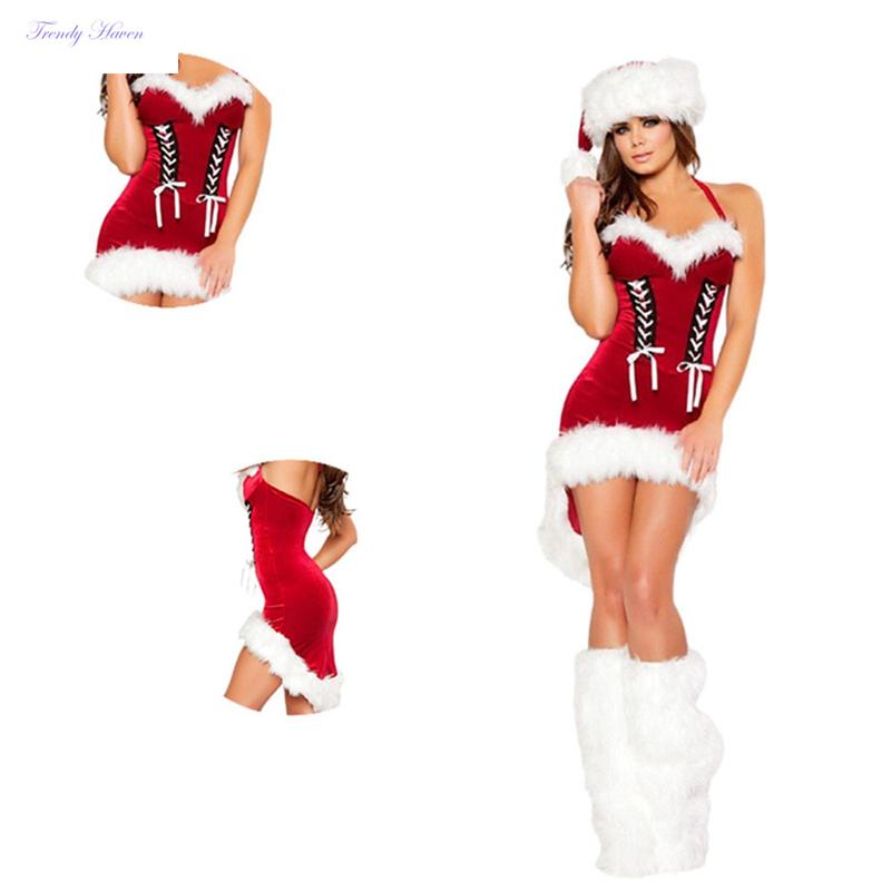 Women Christmas Costume Santa Cosplay Dress Plush Trim Patchwork Dress Party Costume with Hat and Leg Warmers