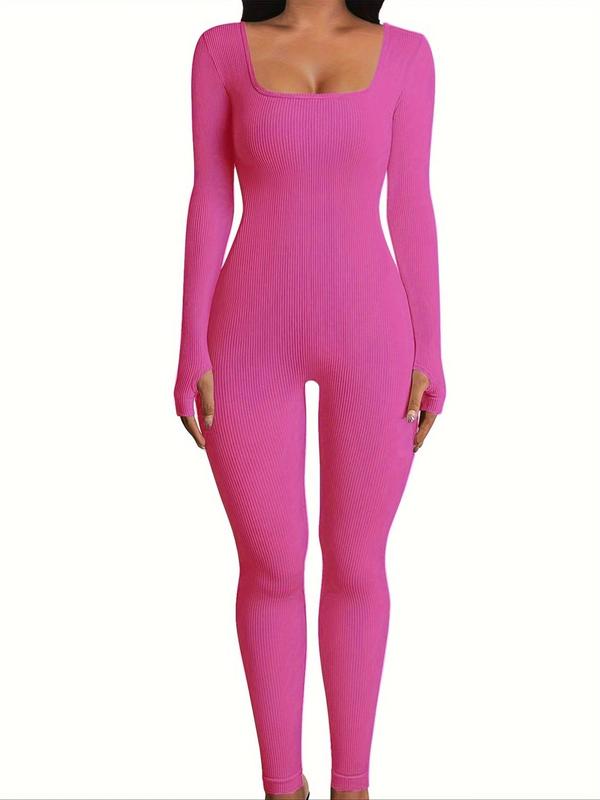 Women's Solid Cut Out Square Neck Ribbed Shapewear Jumpsuit, Casual Long Sleeve Bodycon Jumpsuit for Yoga Gym Workout, Lady's Shapewear Bodysuit for All Seasons, Fall Wear 2024