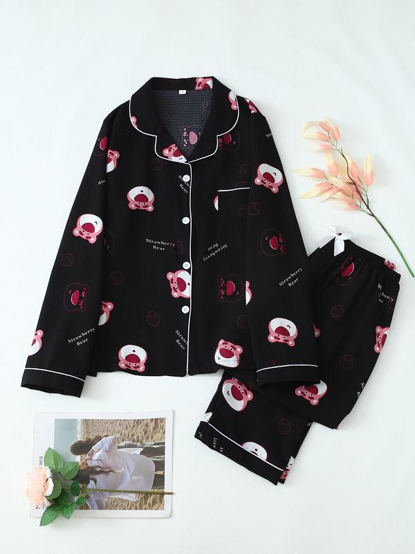 Two-piece Set Women's All Over Cartoon Bear Print Lapel Neck Pocket Shirt & Bow Decor  Pants Pyjama, Casual Comfy Long Sleeve Top & Trousers Pj Set, Women's Sleepwear for Spring & Fall