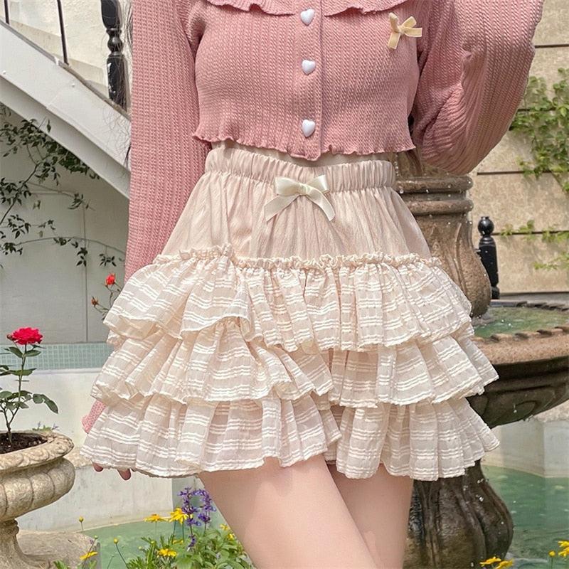 Women's Lolita Kawaii Mini Skirts Elastic Waist Tiered Ruffle Mini Skirts Skort Japanese Korean Cute Sweet Skirt