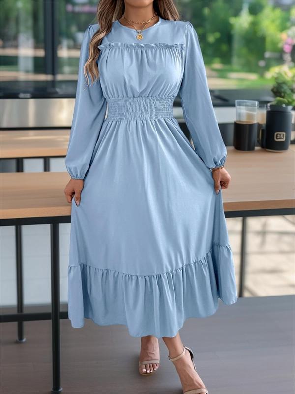 Women's Plain Shirred Ruffle Trim A Line Dress, Elegant Bishop Sleeve Round Neck Long Dress for Party Holiday Wedding Guest, Ladies Fall & Winter Clothes