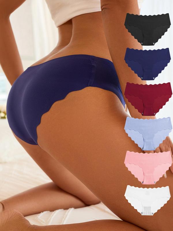 Women's 6pcs Minimalist Solid Scallop Trim Seamless Panties, Lady Basic Soft Comfort Seamless Knickers for Daily Wear All Seasons, Womenswear Underwear, Lingerie for Women