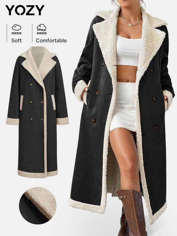 YOZY Christmas Deals, Women's Solid Color Double Button Pocket Drop Shoulder Wool Coat, Casual Long Sleeve Lapel Neckline Longline Coat, Christmas 2024 Trend, Fall & Winter Clothes