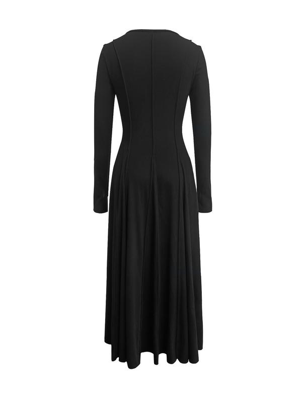 Women's Plain Button Front A Line Dress, Elegant Long Sleeve Round Neck Dress for Party Holiday Wedding Guest, Ladies Clothes for All Seasons