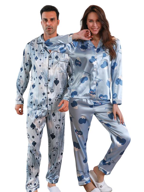 Couple's Christmas Themed Print Button Front Pocket Pajama Two-piece Set, Casual Comfy Long Sleeve Lapel Neckline Shirt & Elastic Waist Pants PJ Set, Couple's Sleepwear for Spring & Fall