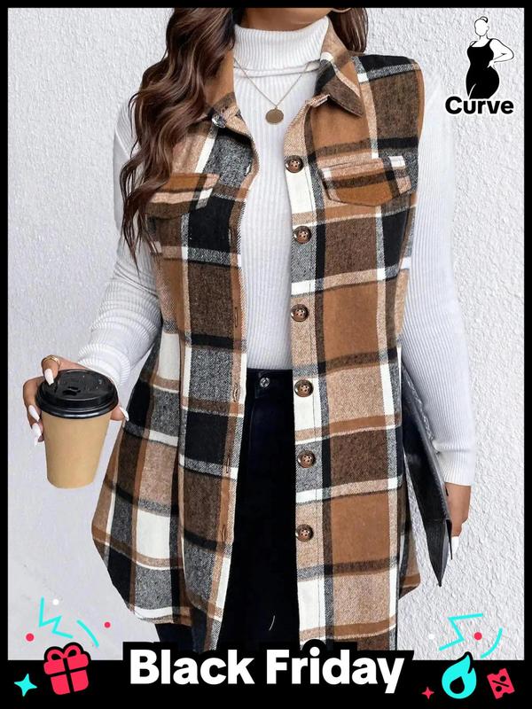  Plaid Print Button Front Vest Coat, Casual Sleeveless Collared Outerwear for Fall & Winter, Gift Set for Women, Women's Plus Size Clothes for Daily Wear