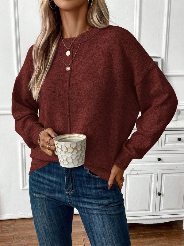 Women's Solid Drop Shoulder Sweater, Casual Long Sleeve Round Neck Jumper for Fall & Winter, Fashion Ladies' Knitwear for Daily Wear Downtown Girl Clothes